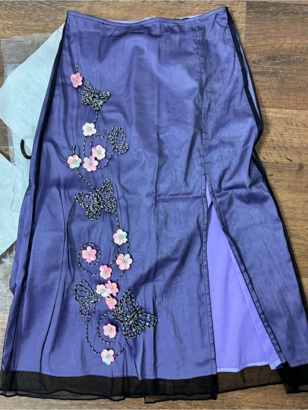 NWT Dolls Kill Delia’s Butterfly Flower Floral Purple Sequin Midi Satin Skirt